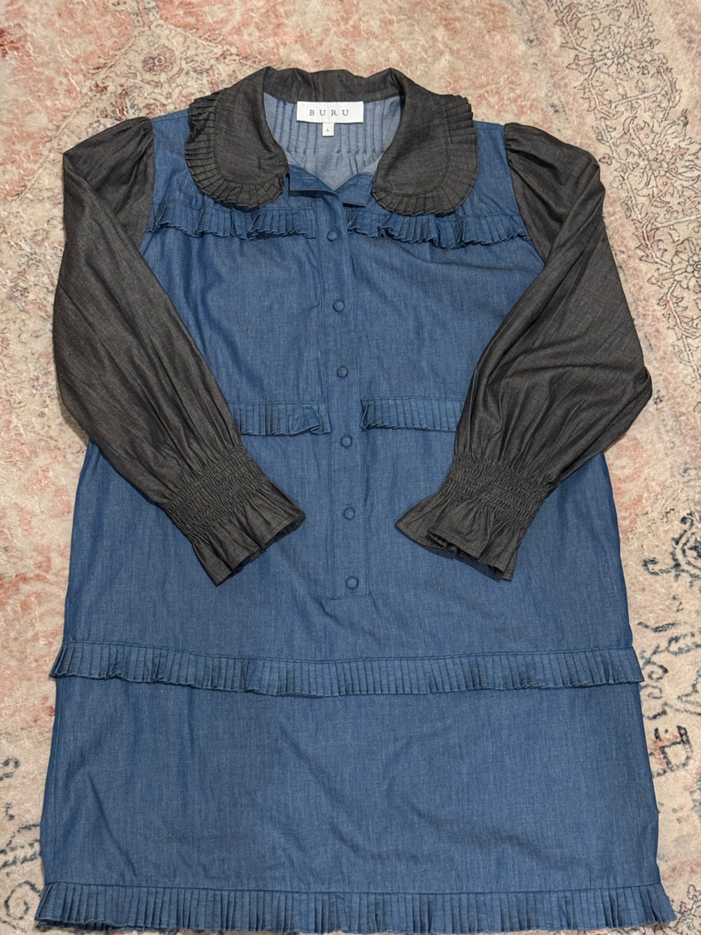 BURU Blue Denim-Look Dress with Black Long Sleeves